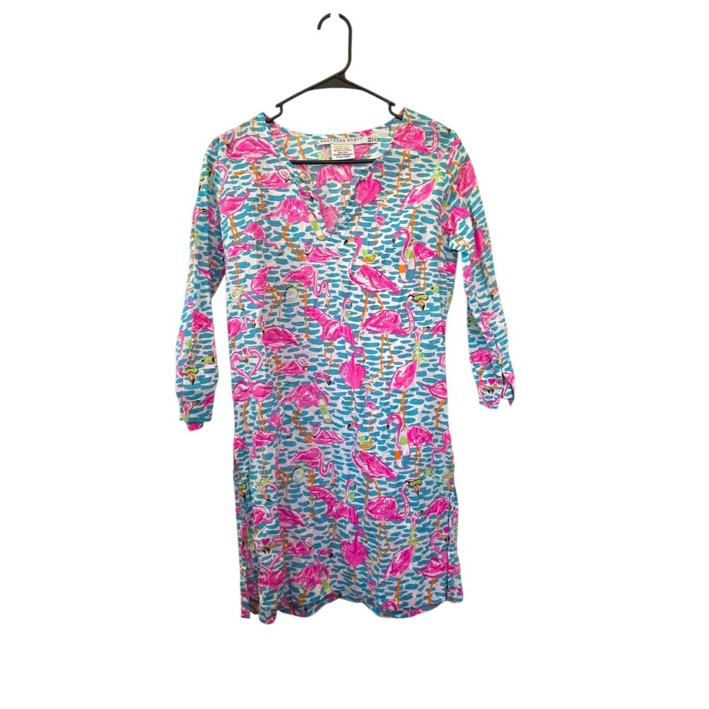 Gretchen Scott Cotton Gauze Tunic Beach Cover Up Pink Flamingos Size XS